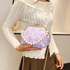 Paarse jacquard tas met parelhandvat en gouden ketting voor de herfststijl van dames