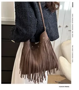 Detail view of coffee suede bag featuring dense fringe trim and gold metallic eyelet accents