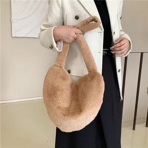 Sac à épaule en peluche kaki en forme de cœur pour femme, style automne élégant