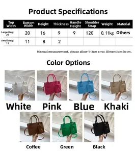 Detailed size chart and dimensions for the embossed felt handbag set with weight specs