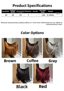 Detailed size specifications for bohemian tassel shoulder bag in five stylish colors