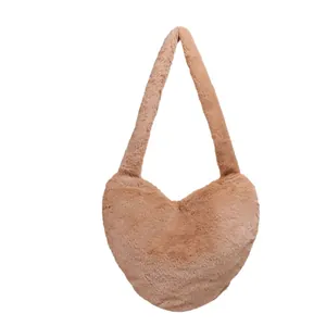 Sac à épaule chic en fausse fourrure en forme de cœur marron, sac à main en peluche