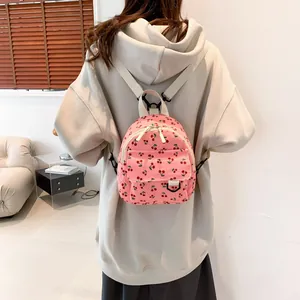Sweet Corduroy Mini Backpack For Women Kids Fashion Cherry Print Small Schoolbag For Daily Travel Outdoor Backpack Gift