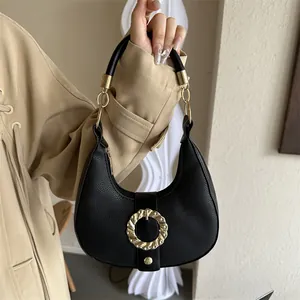 Vintage Litchi Texture PU Leather Hobo Bag For Women Gold Round Buckle Crescent Underarm Shoulder Bag Fashion Handbag