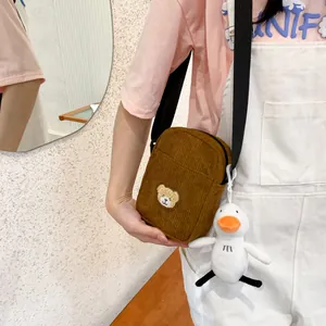 Brown corduroy bear crossbody bag for kids with cute duck plush pendant and zipper