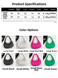 Size chart for quilted cotton cloud bags showing dimensions, material, and color options
