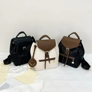 Sac à Dos Femme Mode Matelassé Losange Casual Cuir PU Plaid Sac de Voyage Avec Charme Sourire Sac à Dos Quotidien Noir Blanc Café