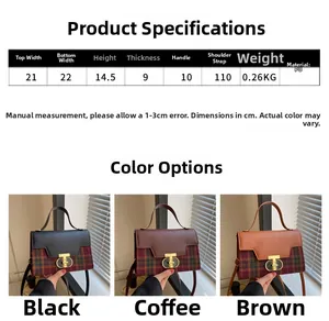 Detailed size chart and specifications for the retro plaid women shoulder bag with PU leather