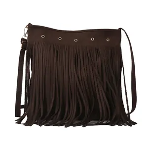 Bohemian dark coffee fringe shoulder bag with metal eyelets and adjustable strap