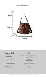 Detailed dimension chart showing size and features of the brown nylon bucket bag