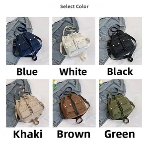 Detailed grid view showing drawstring bucket bags in blue white black khaki brown and green