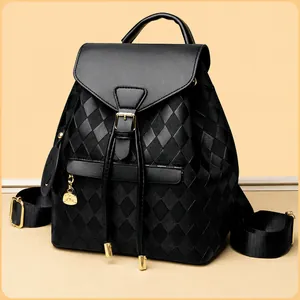 Sac à Dos Femme Mode Matelassé Losange Casual Cuir PU Plaid Sac de Voyage Avec Charme Sourire Sac à Dos Quotidien Noir Blanc Café
