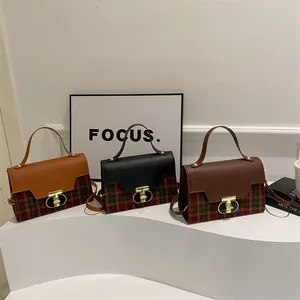 Retro Plaid Stitching Women Shoulder Bag PU Leather Woolen Handbag With Gold T-Lock Crossbody Purse For Daily Fashion Bag