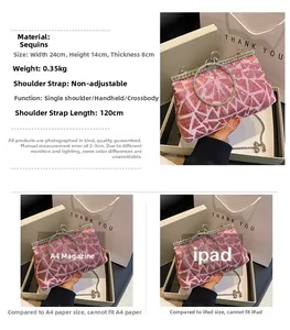 Detailed view of pink sequin clutch dimensions 24x14x8cm with silver ring handle