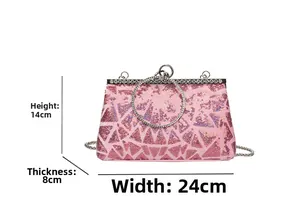Detailed dimensions of pink sequined clutch bag with rhinestones and metal ring handle