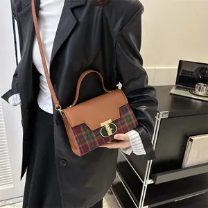 Retro plaid crossbody bag for women with brown leather trim and golden metal clasp