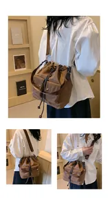 Detailed views of a brown nylon bucket bag showing front pockets and adjustable strap
