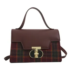 Vintage red plaid crossbody bag for women with leather trim and gold T-lock closure