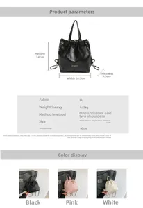 Detail specifications of quilted bucket bag showing dimensions and colors for women