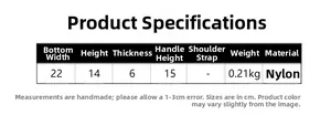 Detailed size chart for nylon mini handbag showing 22x14x6cm dimensions and weight