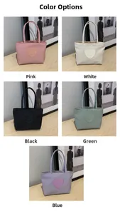 Mini nylon tote bags in pink, beige, black, green and purple with heart patches