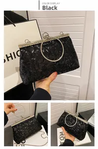 Detail of black sequin evening clutch bag with crystal ring handle and chain strap