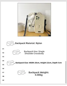 Detailed view of lightweight nylon bucket bag with dimensions and drawstring features