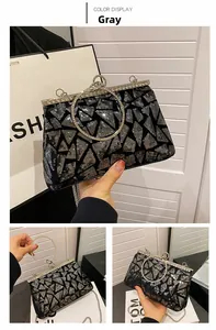 Macro view of grey sequin embroidery and diamond-encrusted frame on evening clutch