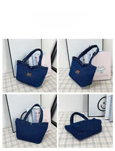 Detailed four-angle view of a large denim tote bag featuring a vintage number 23 patch