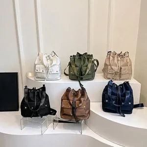 Women's Casual Nylon Drawstring Bucket Bag Large Capacity Crossbody Shoulder Bag With Dual Front Pockets Fashion Daily Handbag