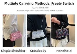 Detailed view of sequin clutch with geometric pattern shown in hand, shoulder, and crossbody styles