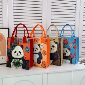 Cartoon Panda Floral Print Felt Tote Bag For Women Reusable Large Capacity Shopping Handbag Cute Artistic Shoulder Gift Bag