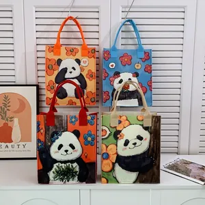Panda themed felt tote bags in orange, blue, red and green with cute cartoon illustrations