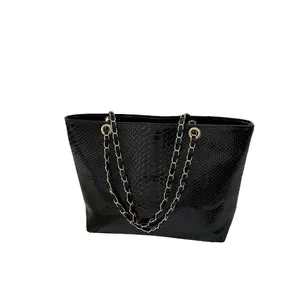 Fashion large capacity black tote bag with crocodile texture and metal chain straps