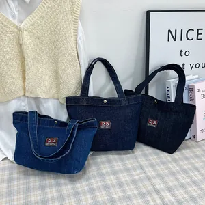 Large Capacity Vintage Denim Tote Bag For Women Embroidered Patch Shoulder Bag Casual Student Commuting Handbag