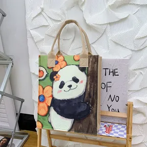 Panda and floral illustration felt tote bag with durable khaki top handles for daily use