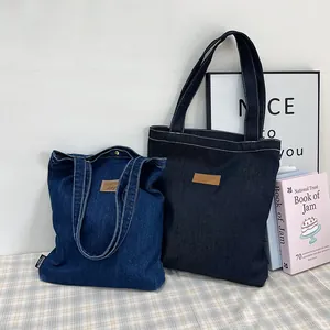 Large capacity vintage denim canvas tote bag in deep blue and light blue colors