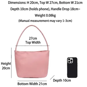 Rosa Nylon-Eimertasche Größentabelle mit Maßen und Platz für ein Smartphone