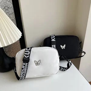 Sac Bandoulière en Nylon pour Femmes Mode Papillon Large Sangle Imprimée Lettres Petit Sac à Épaule Carré Décontracté Quotidien