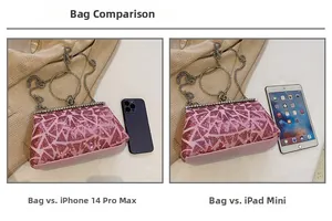 Pink sequin evening clutch bag size comparison with iPhone 14 Pro Max and iPad mini