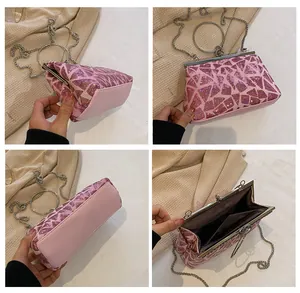 Multi-angle view of pink sequin evening bag with silver metal ring handle and chain