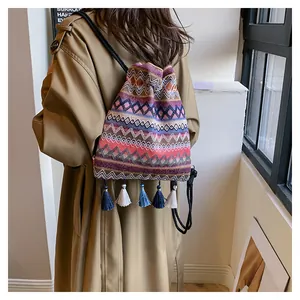 Dettaglio dello zaino bohémien intrecciato con nappe colorate su un trench coat color kaki