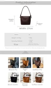 Detailed size specifications and material variety for the minimalist suede bucket bag