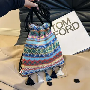 Zaino Donna Etnico Bohemian Intrecciato Con Nappe e Coulisse Fantasia Geometrica Colorata Borsa a Secchiello Viaggio Spalla