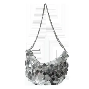 Chic silver sequin hobo bag with metal chain strap for women in 2024 fashion style