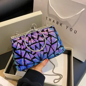 Blue-purple sequin evening clutch bag with sparkling rhinestone ring handle and chain