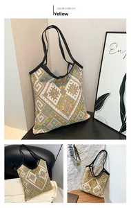 Dettaglio della borsa tote jacquard gialla con motivi etnici e manici in fettuccia nera