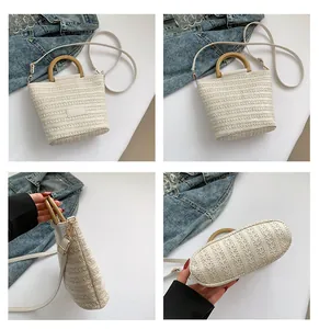 Vue détaillée du sac seau tissé avec poignée en bois et bandoulière sous quatre angles