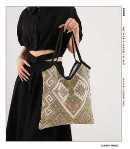 Dettaglio della trama geometrica colorata sulla borsa tote etnica con manici neri