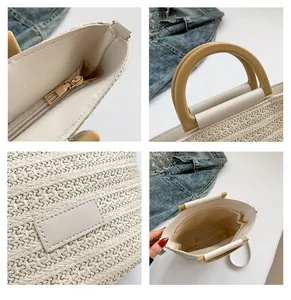 Détails du tissage, fermeture éclair et poignée en U sur le sac seau de couleur crème